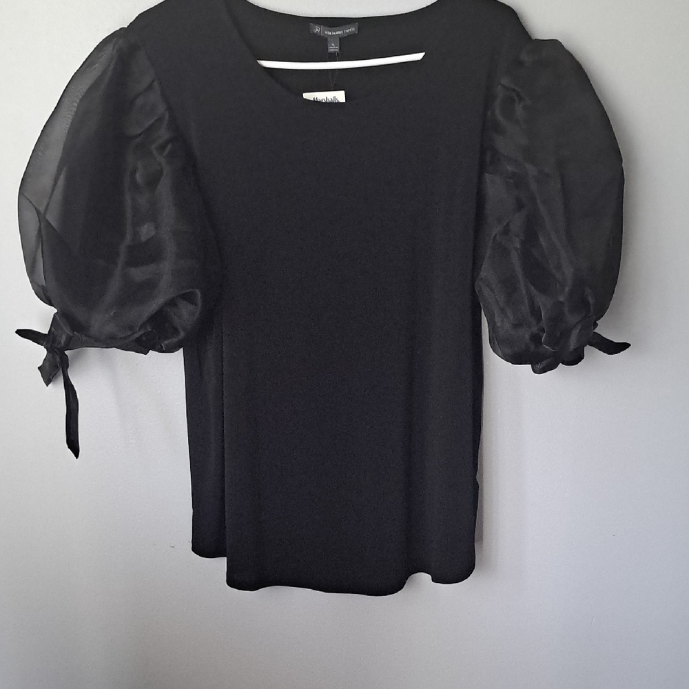 NWT Adrianna Papell Black Sheer Puff Sleeve Blouse